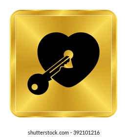 heart with key - black vector icon;  gold button