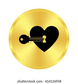 heart with key - black vector icon;  golden button