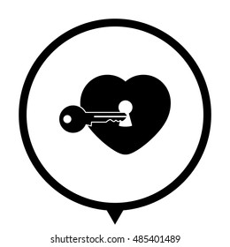heart with key - black vector icon;  map pointer