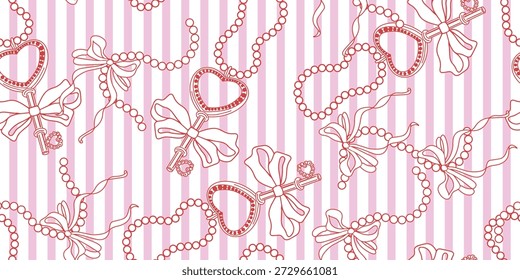 Chave do coração com arco e corrente, padrão sem emenda dos namorados. Padrão vetorial romântico sem costura com chave em forma de coração, arco, correntes e fragmentos de colar em um fundo listrado rosa e branco. Dia dos Namorados design para impressão têxtil.