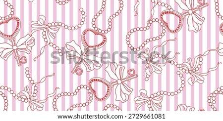Heart Key with Bow and Chain, Seamless Valentines Pattern. Seamless romantic vector pattern with heart shaped key, bow, chains and necklace fragments on a pink and white striped background. Valentines Day design for textile printing.