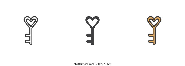 Heart key different style icon set. Line, glyph and filled outline colorful version, outline and filled vector sign. Symbol, logo illustration. Vector graphics