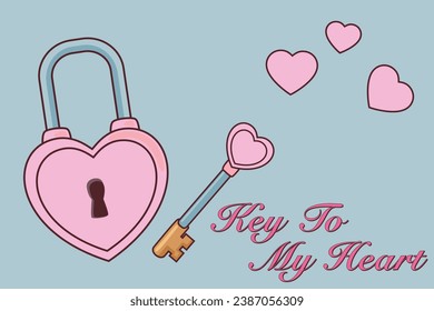  Heart and  key and hand drawn phrase Key to my heart. Love and Valentine’s Day concept. Designs for greeting cards, print, web, wrapping paper or fabric template