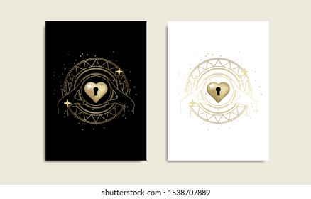 Heart key hole, golden color logo, Magic heart, boho spiritual guidance tarot reader design. decorative illustration tattoo eps.10