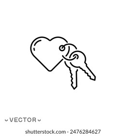 heart with key icon, concept open love, thin line symbol isolated on white background, editable stroke eps 10 vector illustration