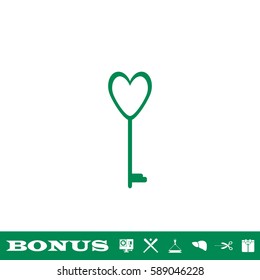 Heart key icon flat. Green pictogram on white background. Vector illustration symbol and bonus button
