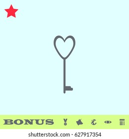 Heart key icon flat. Grey pictogram on blue background. Vector illustration symbol and bonus buttons medal, cow, earth, eye, calculator