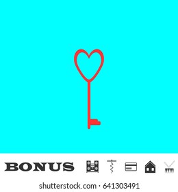 Heart key icon flat. Red pictogram on blue background. Vector illustration symbol and bonus buttons Music center, corkscrew, credit card, house, drum