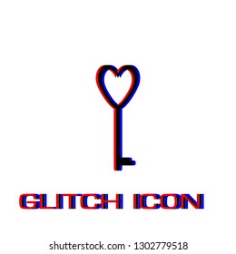 Heart key icon flat. Simple pictogram - Glitch effect. Vector illustration symbol