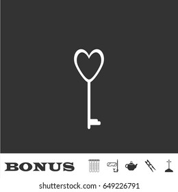 Heart key icon flat. White pictogram on black background. Vector illustration symbol and bonus icons