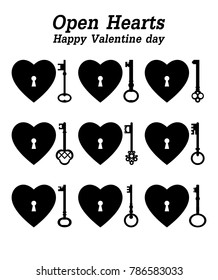 Heart key icon. Silhouette of keys and hearts. Happy Valentine day icon. Open hearts. The key to happiness. Vector illustration.