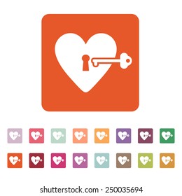 The heart and key icon. symbol. Flat Vector illustration. Button Set