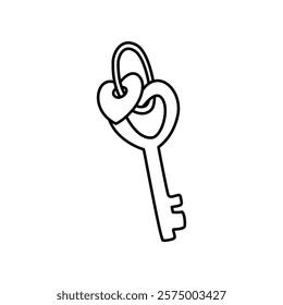 Heart key with heart keychain doodle outline on white background