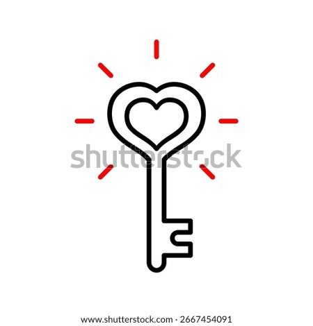 Heart key line icon. Love, soulmate, empathy idea. Valentine’s day symbol. Key to someone’s heart or soul. Romance, relationship, trust, connection and emotional bonding concept. Vector illustration. 