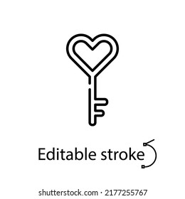 Heart key line icon. Secret concept. Wedding tradition of hanging lock. Love symbol. Valentines day. Customizable linear item. Editable stroke. Isolated vector stock illustration