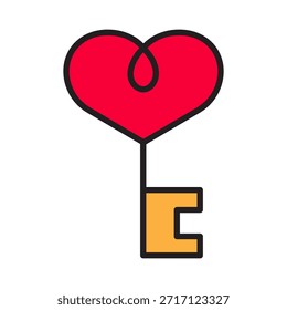 Icono lineal clave del corazón para el Día de San Valentín. Trazo editable y relleno de color. Desbloquea el amor y el romance en invitaciones de boda, tarjetas, App y gráficos navideños