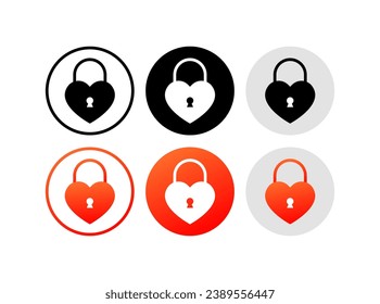 Heart key lock. Different styles, red heart shaped key lock, heart lock. Vector icons