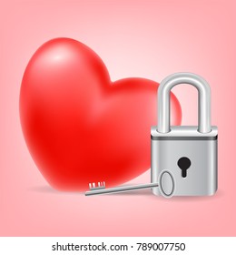heart with a key and lock on pink background