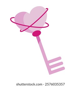 Heart Key to Love: A whimsical illustration of a pink heart-shaped key, adorned with a swirling orbit, symbolizes love, romance, and unlocking the heart.