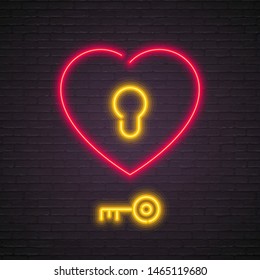 Heart Key Neon Light Glowing Vector Illustration