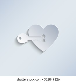 heart with key - paper vector icon