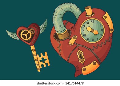 Heart and key in the style of steampunk. Isolated image on turquoise background. Vector cartoon illustration