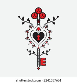 Heart Key Tattoo vector. heart shape key wrapped with leaves. old school. vector illustration