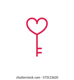 heart key thin line red icon on white background, happy valentine day