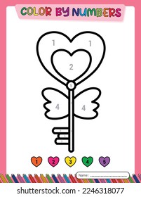 Llave del corazón. Día de San Valentín. Color por número para los niños. Juegos educativos. Libro de actividades. Imprimible.