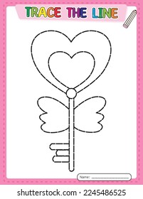 Llave del corazón. Día de San Valentín. Hoja de cálculo de línea de seguimiento para niños. Juegos educativos. Libro de actividades. Imprimible.