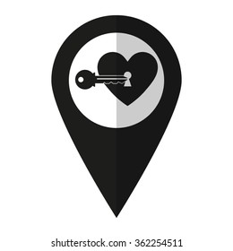 heart with key - vector icon;  black map pointer