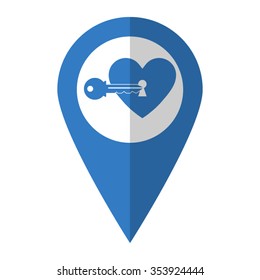 heart with key - vector icon; blue map  pointer