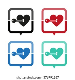 heart with key - vector icon; map pointer;  message bubble