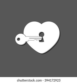 heart with key - white vector icon  with shadow