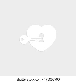 heart with key - white vector  icon with shadow