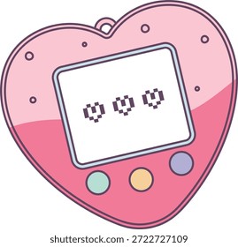 Coração chaveiro animal de estimação virtual com exibição de pixel e três botões redondos em estilo de linha de desenho animado limpo. Símbolo de nostalgia, afeto, jogos retrô e diversão de brinquedo portátil. Ilustração de vetor de desenhos animados.