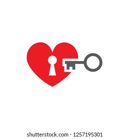 Heart with a keyhole and a key. Set of vector icons. To try a key to heart. Flat design. Monohrome