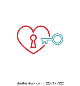 Heart with a keyhole and a key. Set of vector icons. To try a key to heart. Flat design.