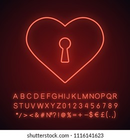 Heart with keyhole neon light icon. Valentine's Day. Glowing sign with alphabet, numbers and symbols. Vector isolated illustration