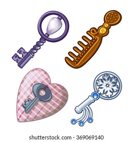 Heart, keys, comb. Vector.