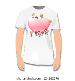 Heart with kids printed on white shirt. Vector illustration.