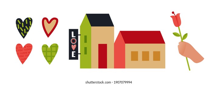 Heart Kinds. Town Houses with Love Sign. Hand Hold Flower. Modern Vector Illustration. Social Media Ads. 