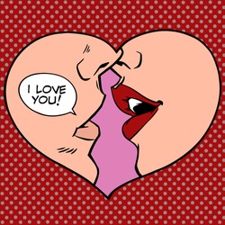 Heart Kiss I Love You Pop Art Retro Style. Man And Woman Romantic Wedding Or Valentines Day
