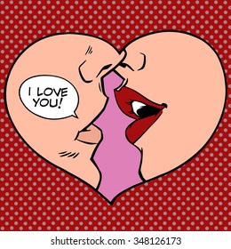 Heart kiss I love you pop art retro style. Man and woman romantic wedding or Valentines day