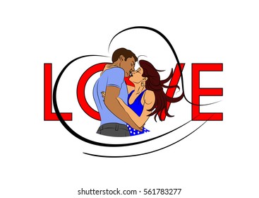 heart with kissing couple in love on a white background, vector illustration