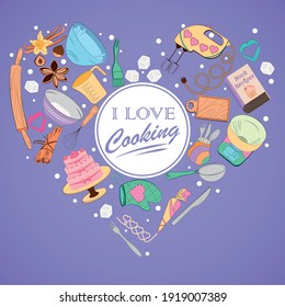 The heart of the kitchen. Heart-shaped baking accessories. Recipe book background concept. Baner with hand drawn kitchen utensils EPS 10 editable.
