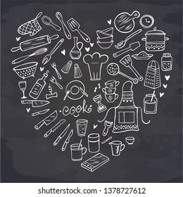 Heart of kitchen tools on chalkboard. Doodle. Vector illustration.  Perfect for dessert menu or food package design.