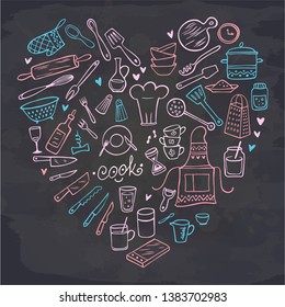 Heart of kitchen tools on chalkboard. Doodle. Vector illustration.  Perfect for dessert menu or food package design.