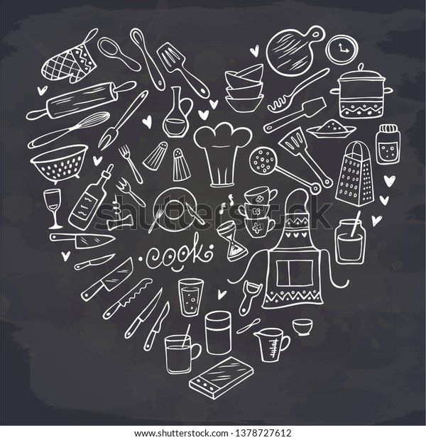 Heart Kitchen Tools On Chalkboard Doodle Stock Vector Royalty