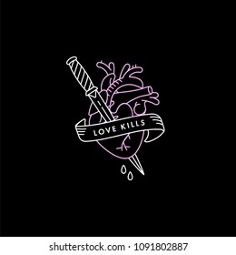 Heart with knife. Love kills slogan. Linear graphic print for t-shirts. Vector stickers, print, patches old school style